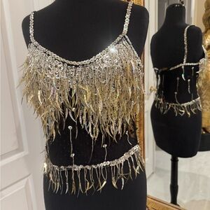 Sequin Fringe Black camisole, sheer middle and back Top